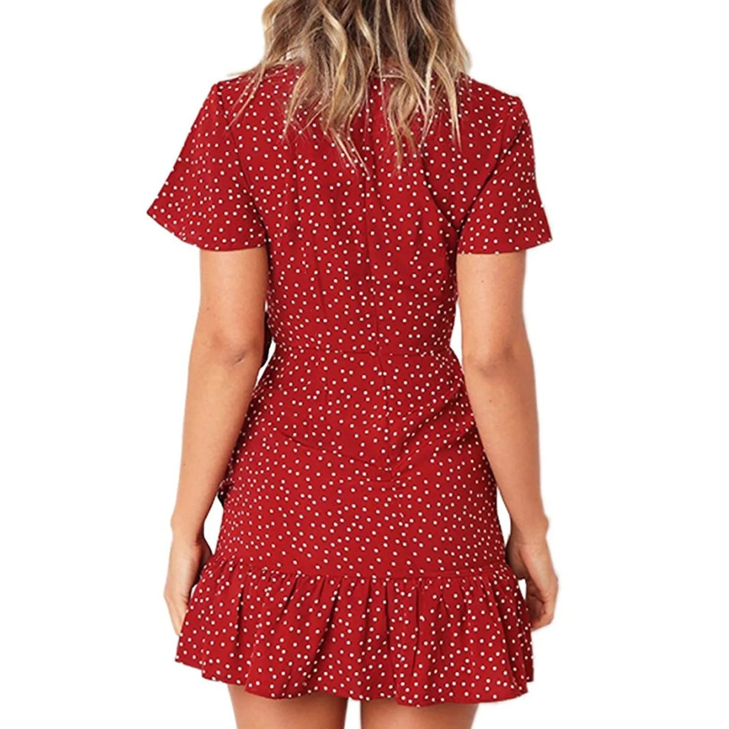 MODA sommerkjole med flæse i chiffon med prikker