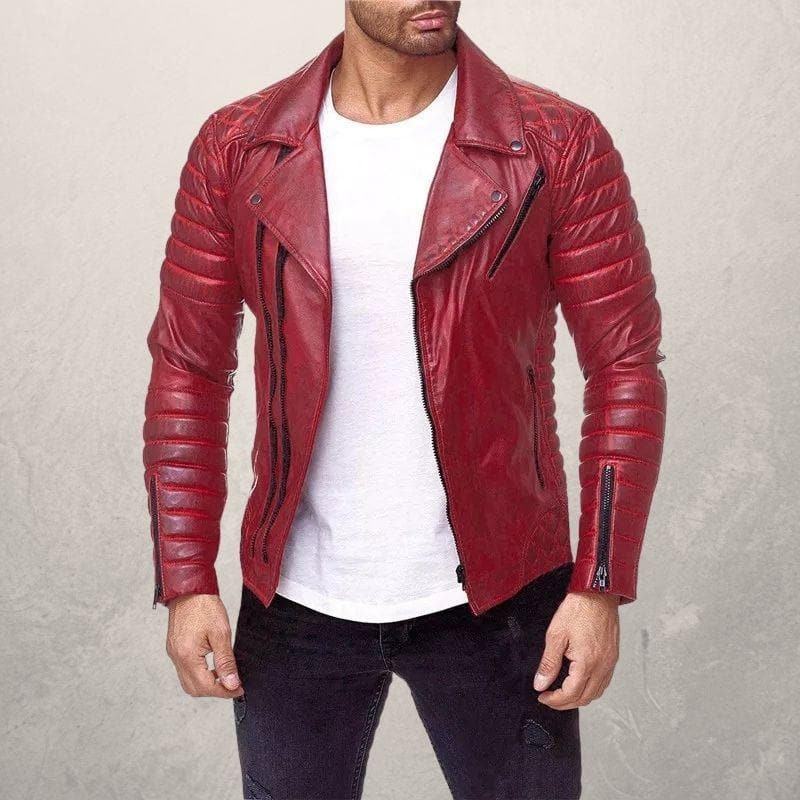 Herre Biker Læderjakke - Asymmetrisk Lynlås - Slim Fit - Quiltede Skuldre & Ærmer