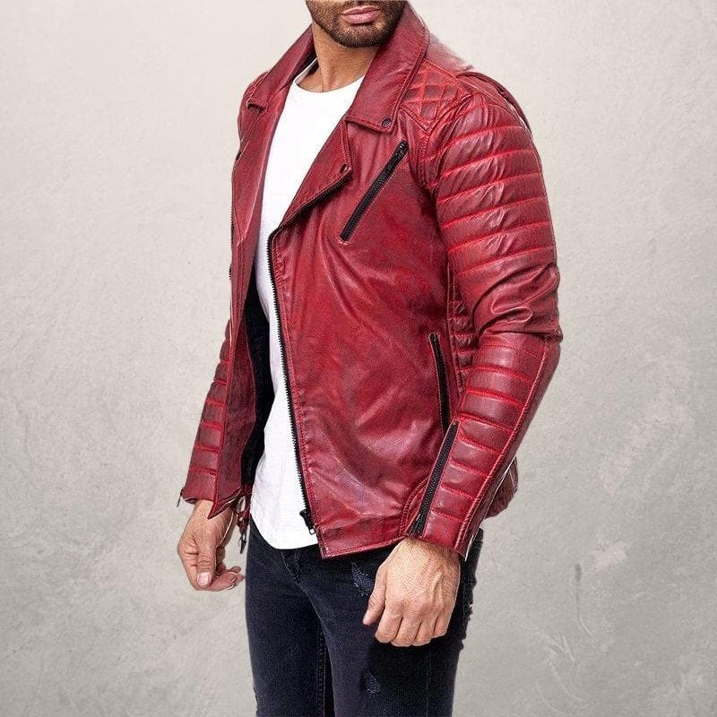 Herre Biker Læderjakke - Asymmetrisk Lynlås - Slim Fit - Quiltede Skuldre & Ærmer