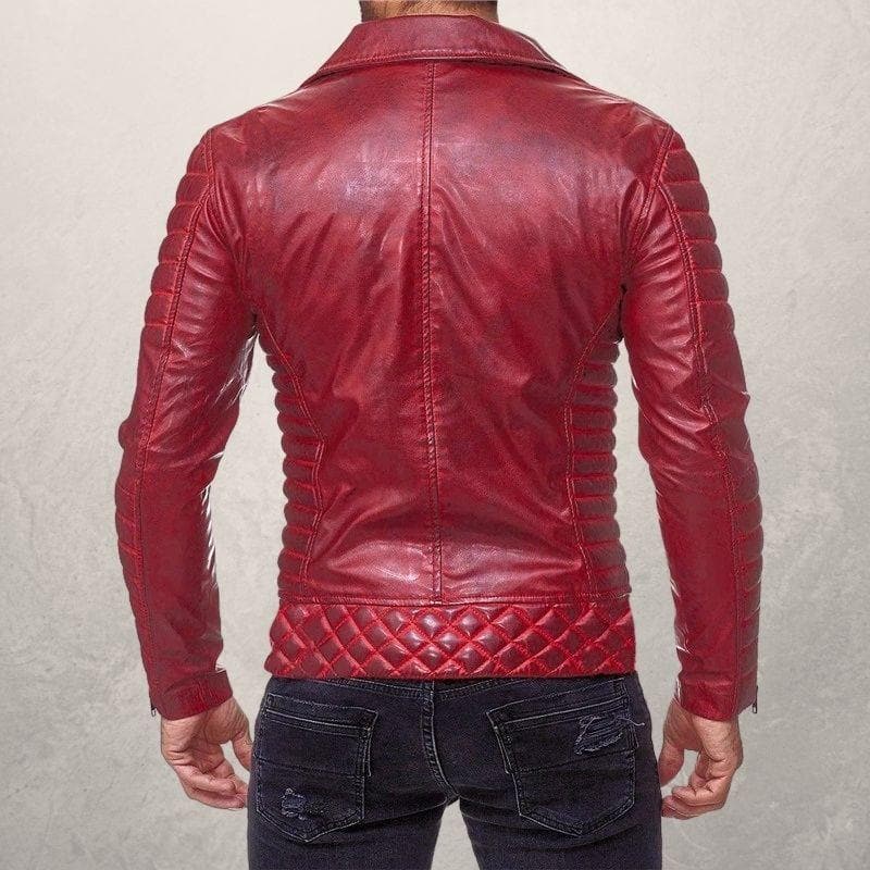 Herre Biker Læderjakke - Asymmetrisk Lynlås - Slim Fit - Quiltede Skuldre & Ærmer