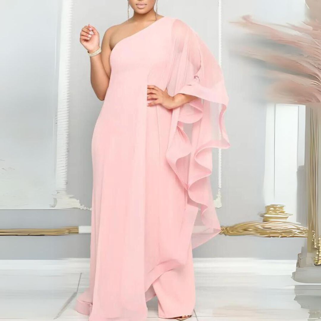 Azur Elegance - En-Skulder Chiffon Maxi Kjole med Flydende Ærme