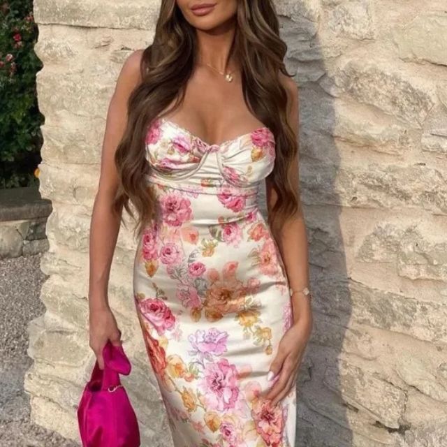 Fiona - Midikjole i satin med blomstret bustier