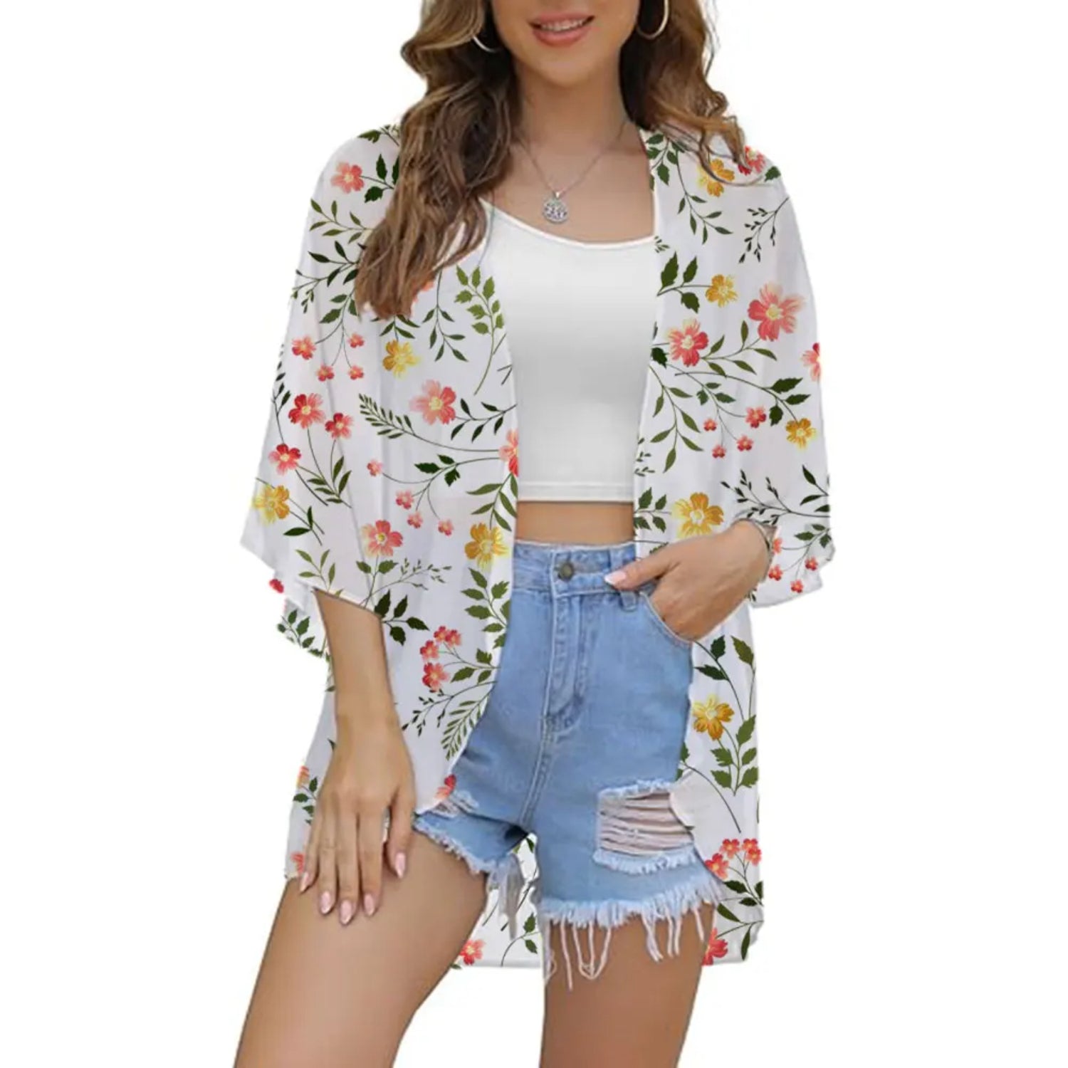 MODA hvid boble med blomsterprint kimono