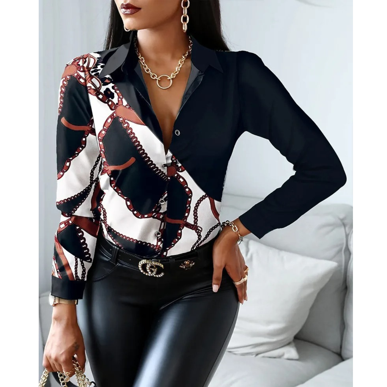 MODA patchwork med krave og leopard print dame bluse