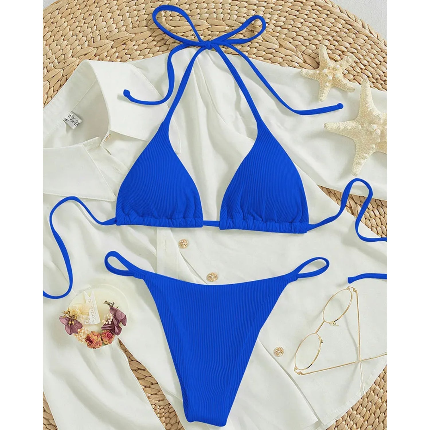 MODA Ensfarvet højtaljet halterneck-bikinier i pitstribet stof