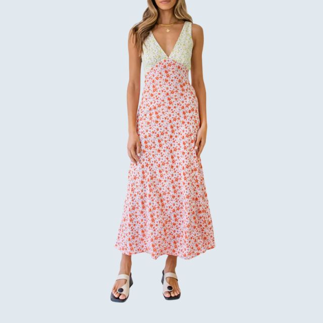 Elena - V-hals blomstret patchwork maxikjole