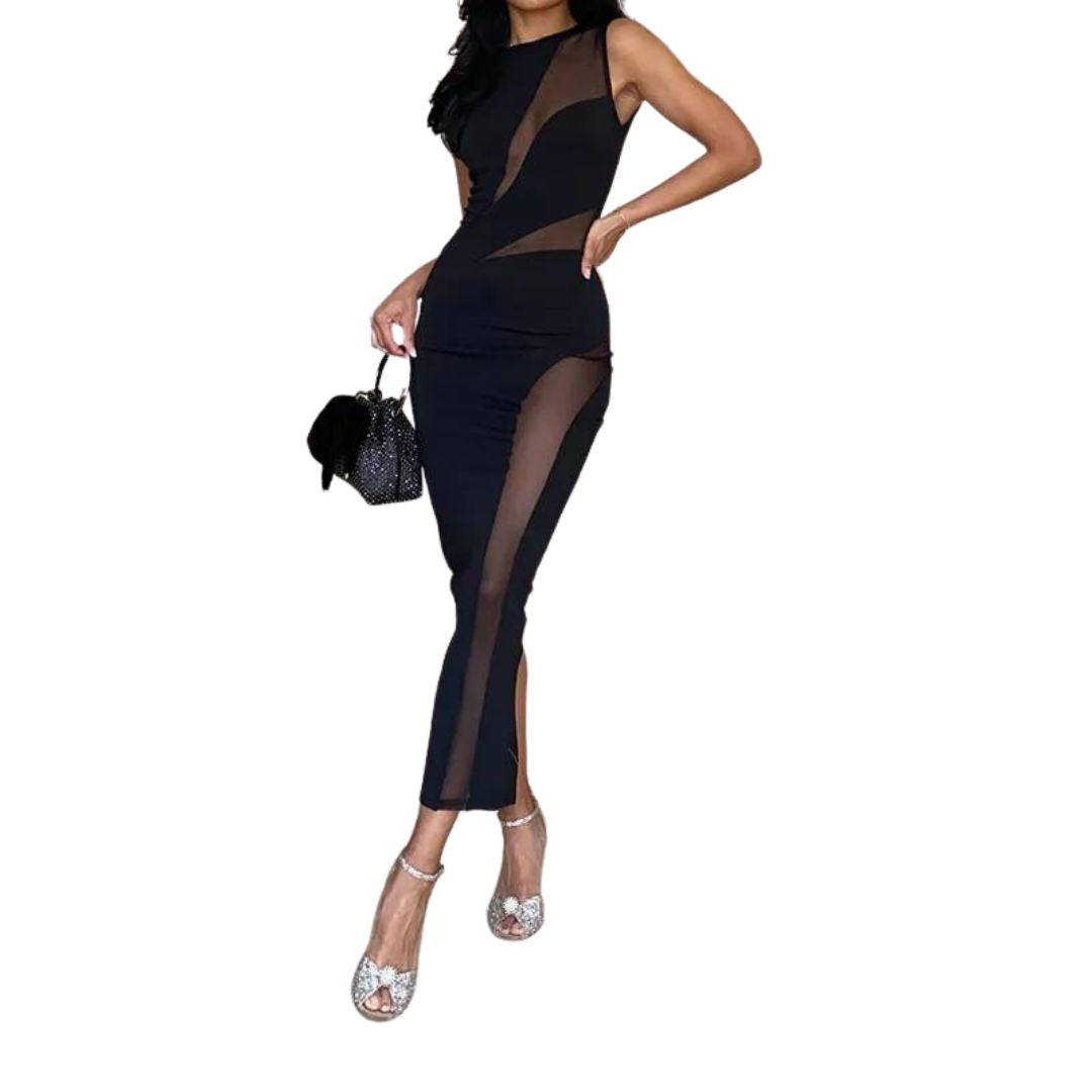 Naomi - Moderne Midi Kjole med Transparente Paneler