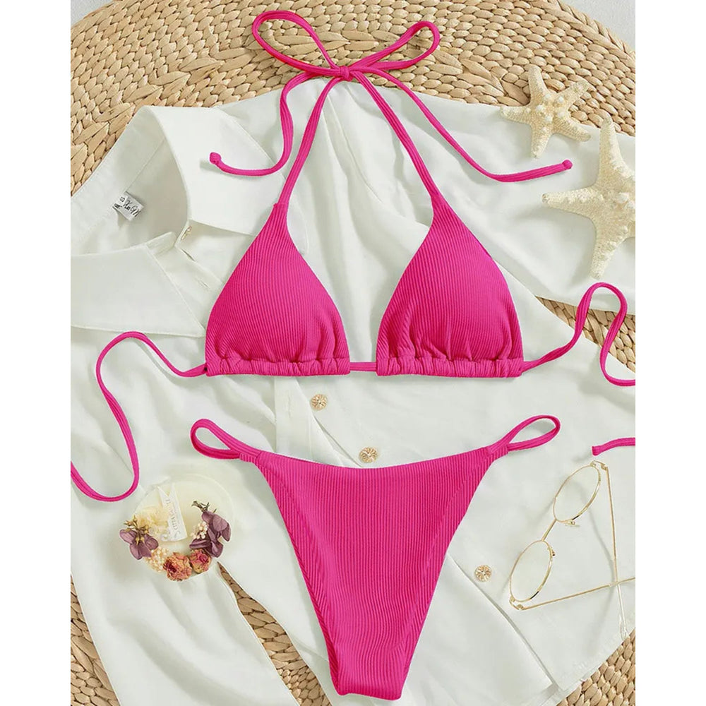 MODA Ensfarvet højtaljet halterneck-bikinier i pitstribet stof
