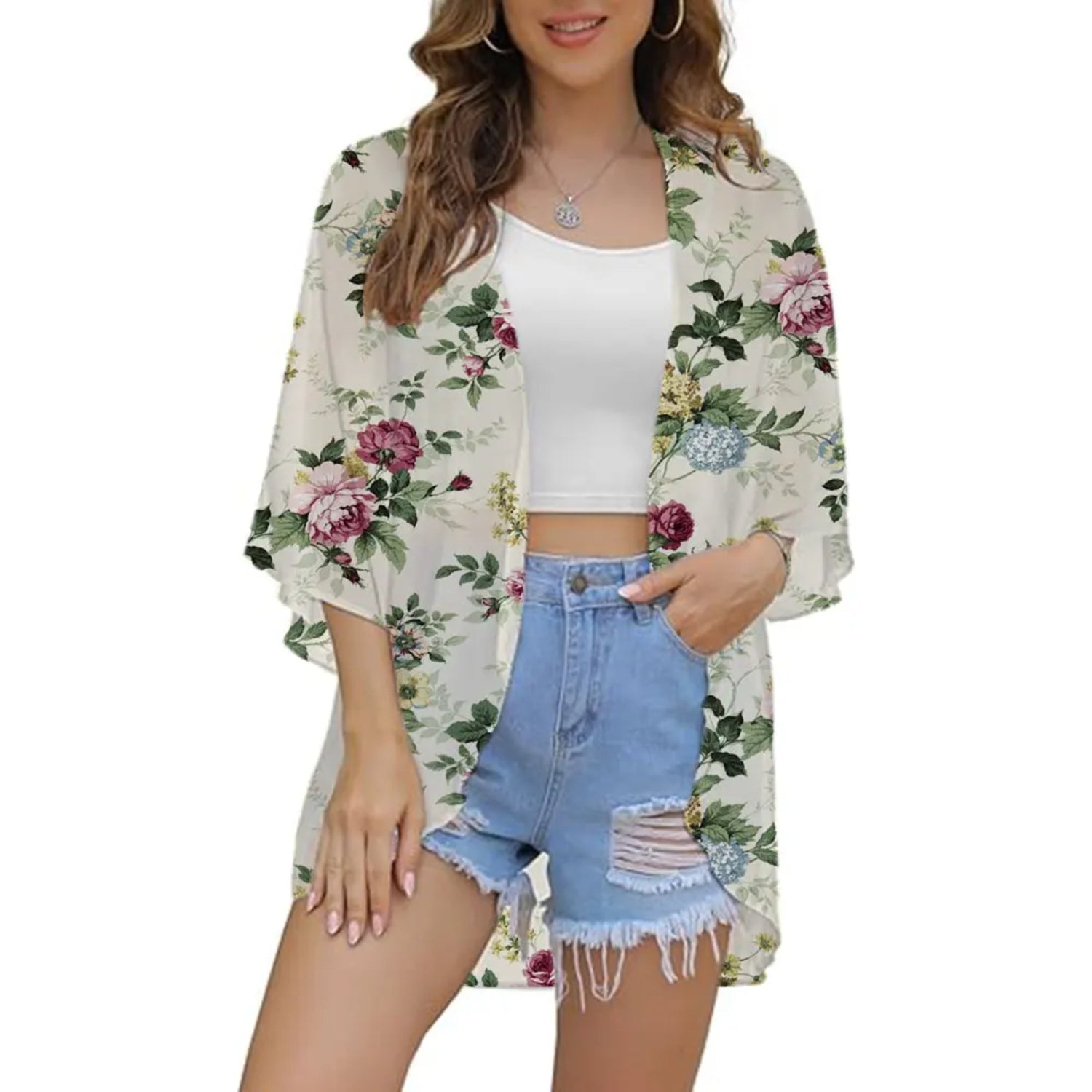 MODA hvid boble med blomsterprint kimono