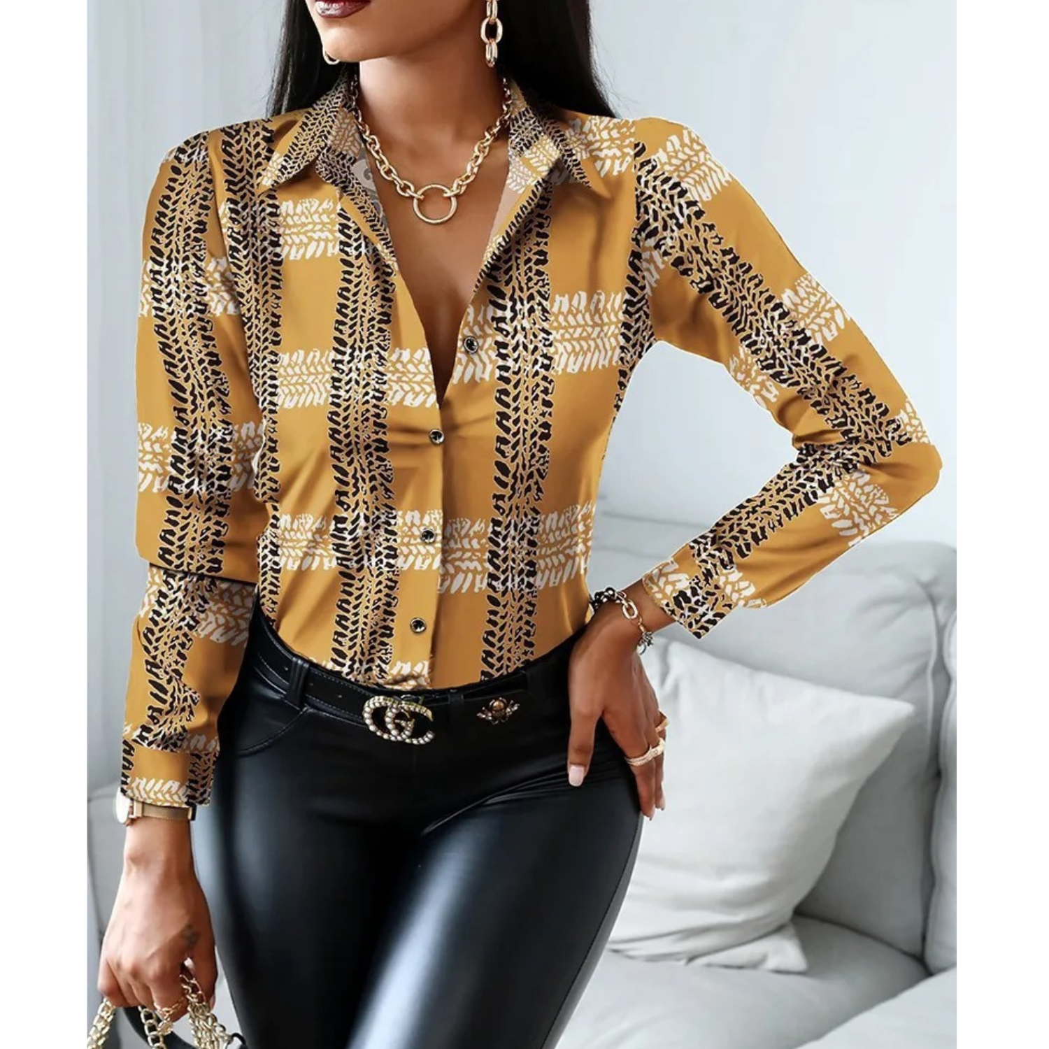 MODA patchwork med krave og leopard print dame bluse