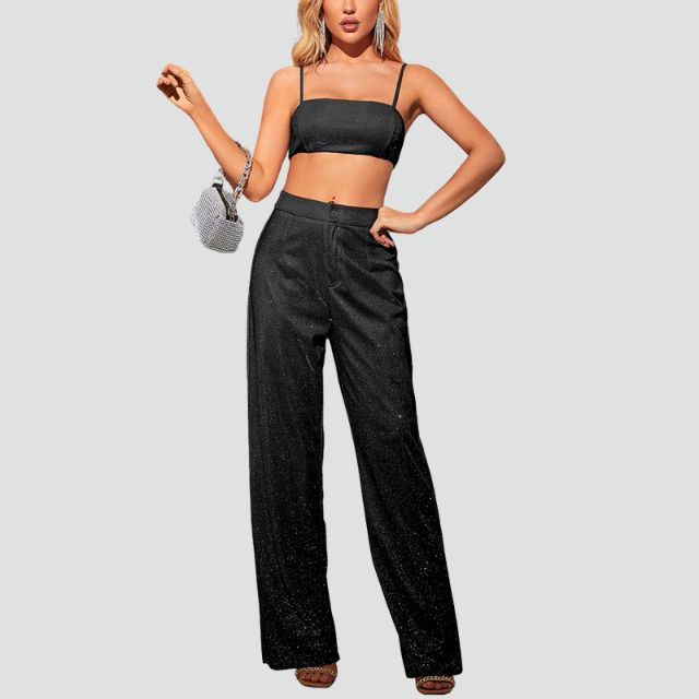 Luna - Sparkly Crop Top og bukser med høj talje