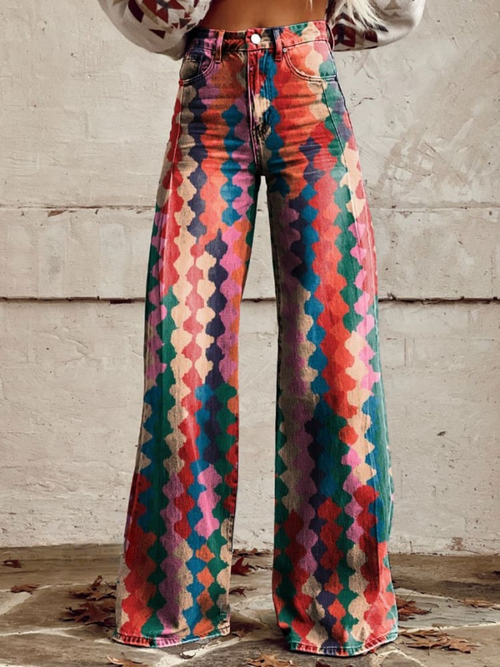 Vide Jeans | Geometrisk Print | Farverig og Retroinspireret
