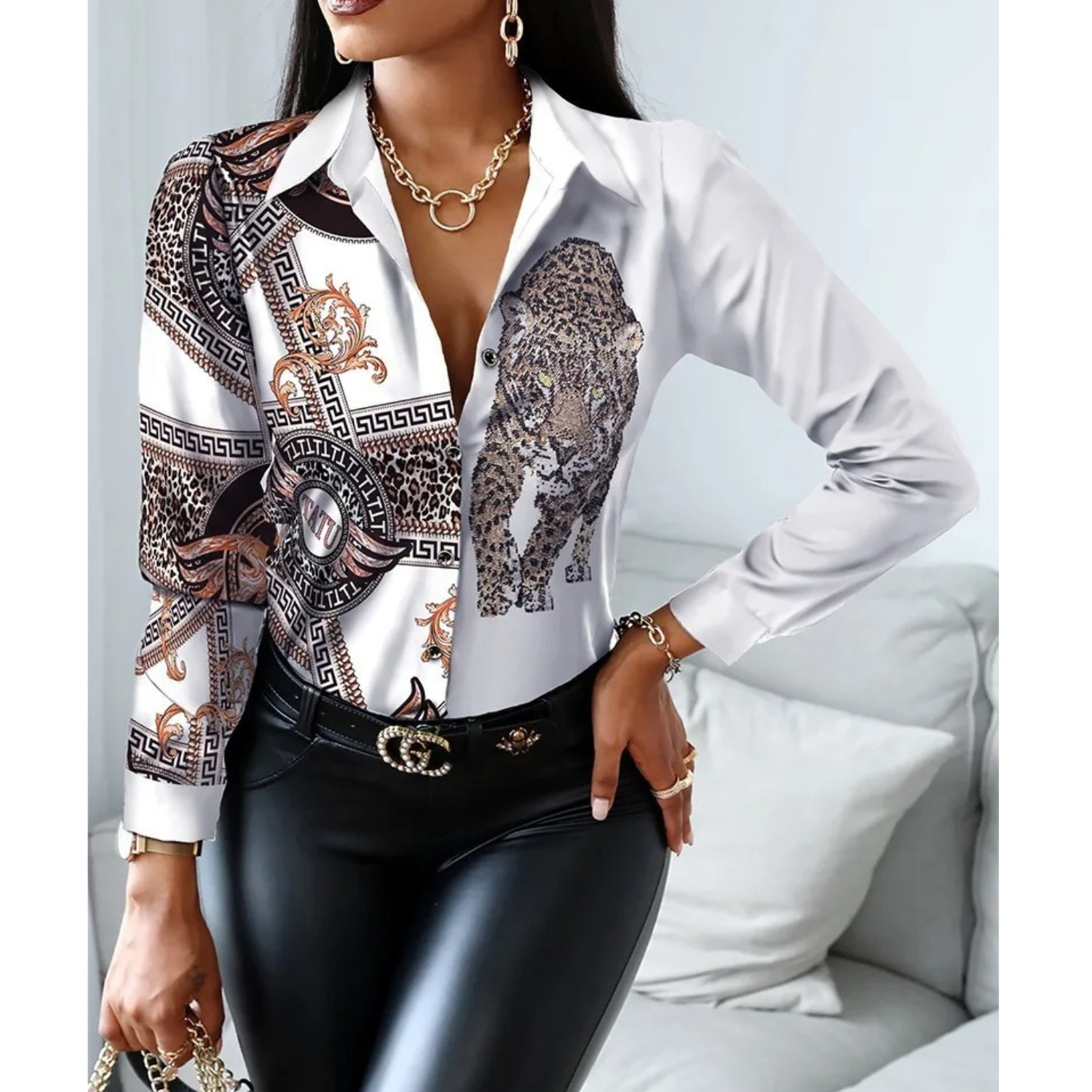 MODA patchwork med krave og leopard print dame bluse