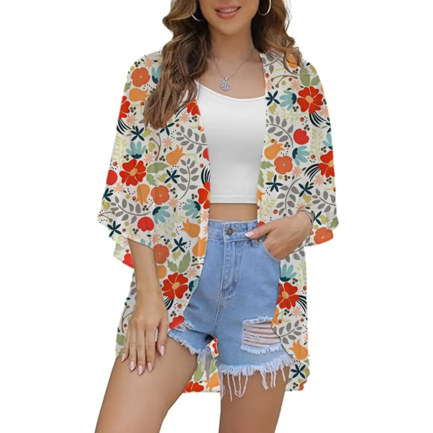 MODA hvid boble med blomsterprint kimono
