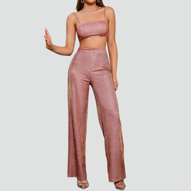 Luna - Sparkly Crop Top og bukser med høj talje