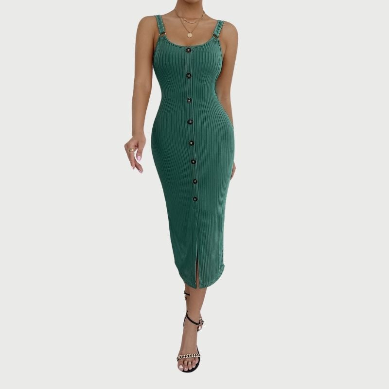 Isabella - Button Up Ribbet Bodycon Midi-kjole