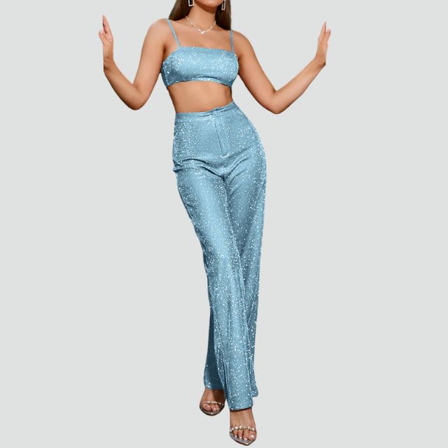 Luna - Sparkly Crop Top og bukser med høj talje