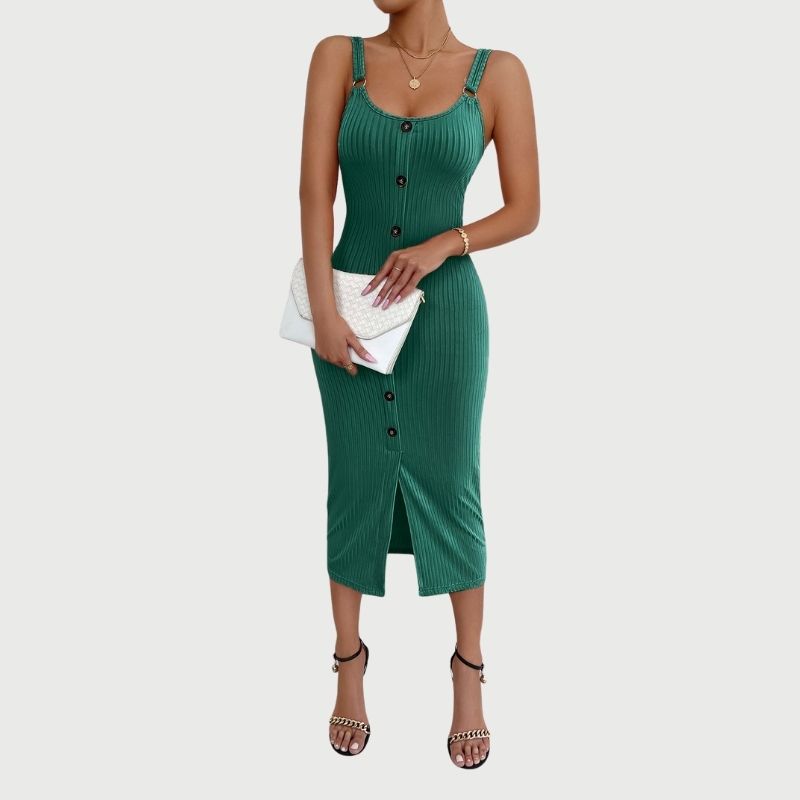 Isabella - Button Up Ribbet Bodycon Midi-kjole