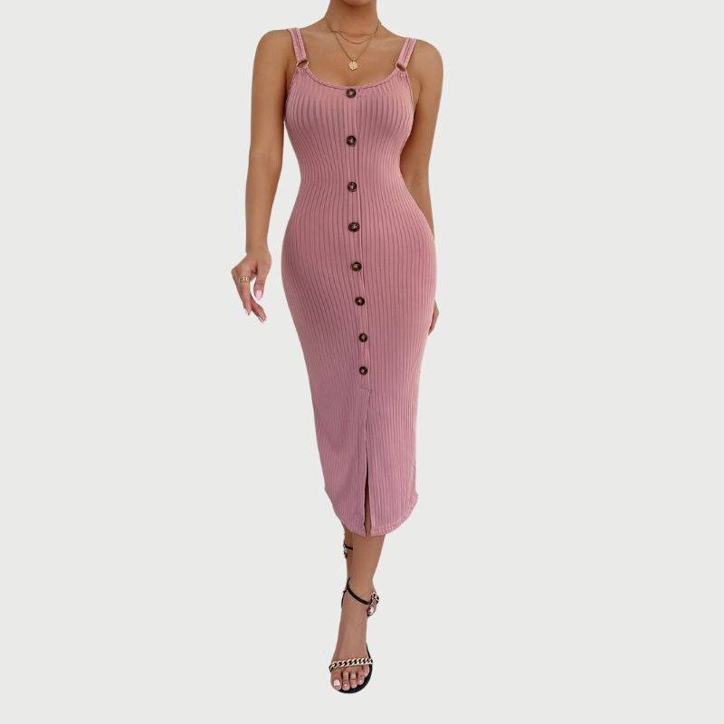 Isabella - Button Up Ribbet Bodycon Midi-kjole