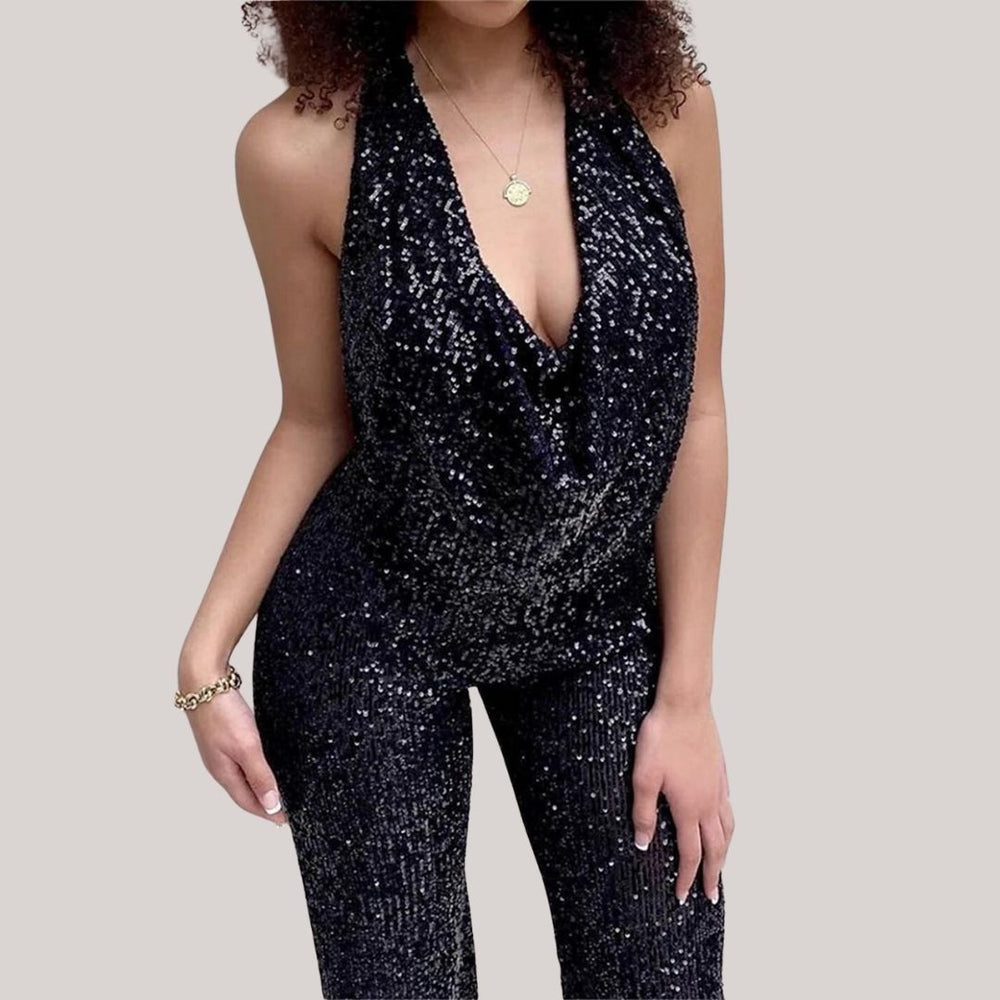 Stellar Glamour - Jumpsuit med Dyb Udsnit og Pailletter
