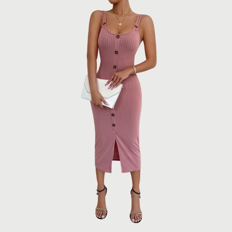 Isabella - Button Up Ribbet Bodycon Midi-kjole