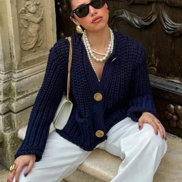 Chunky strikcardigan med store knapper - Allison