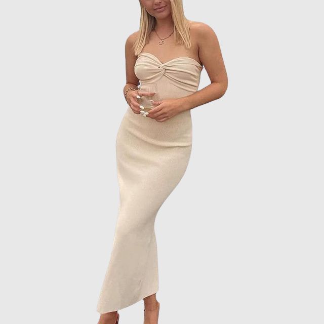 Juliette -  stropløs ribstrikket maxi-kjole med sweetheart-udskæring