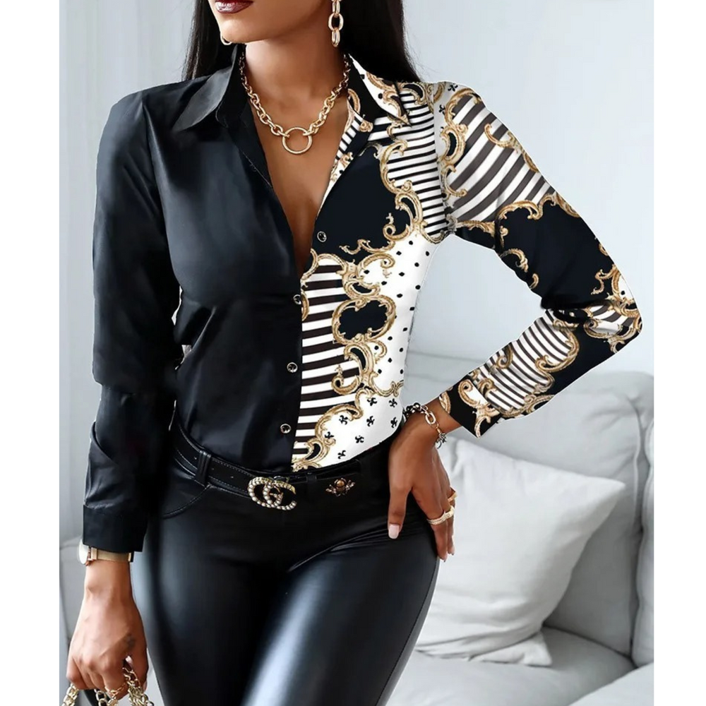 MODA patchwork med krave og leopard print dame bluse