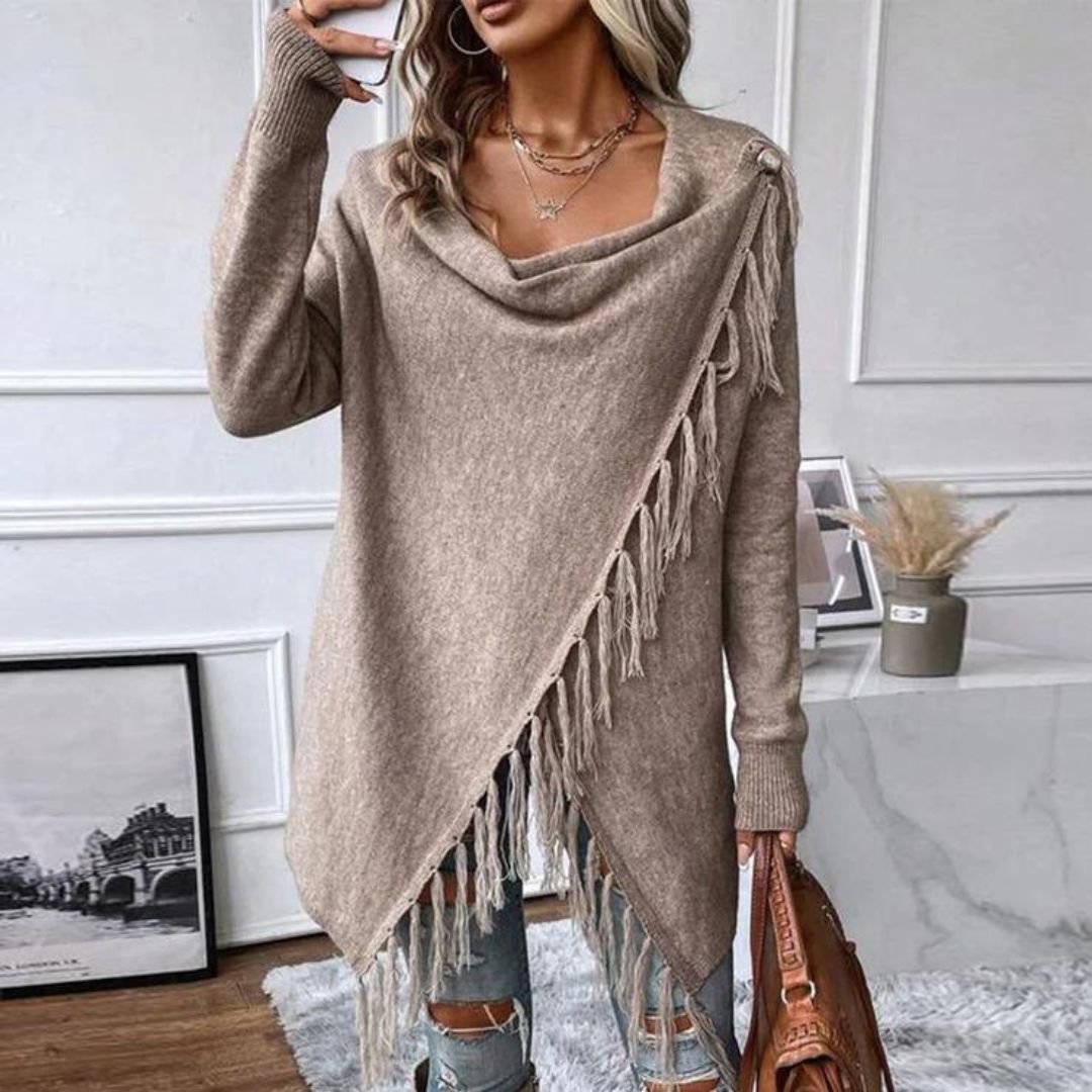 Sienna - Asymmetrisk Poncho Sweater med Frynser