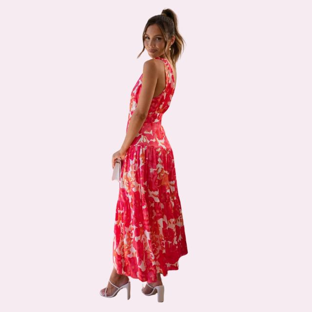 Isabella - Asymmetrisk midikjole med blomsterprint og etager
