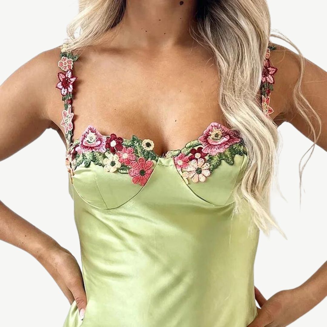 Gardenia - Silke Slip Kjole med Blomsterbroderi