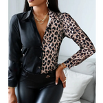 MODA patchwork med krave og leopard print dame bluse