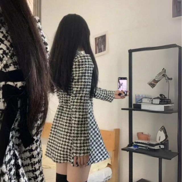 Clarissa - houndstooth kjole med butterfly på ærmerne