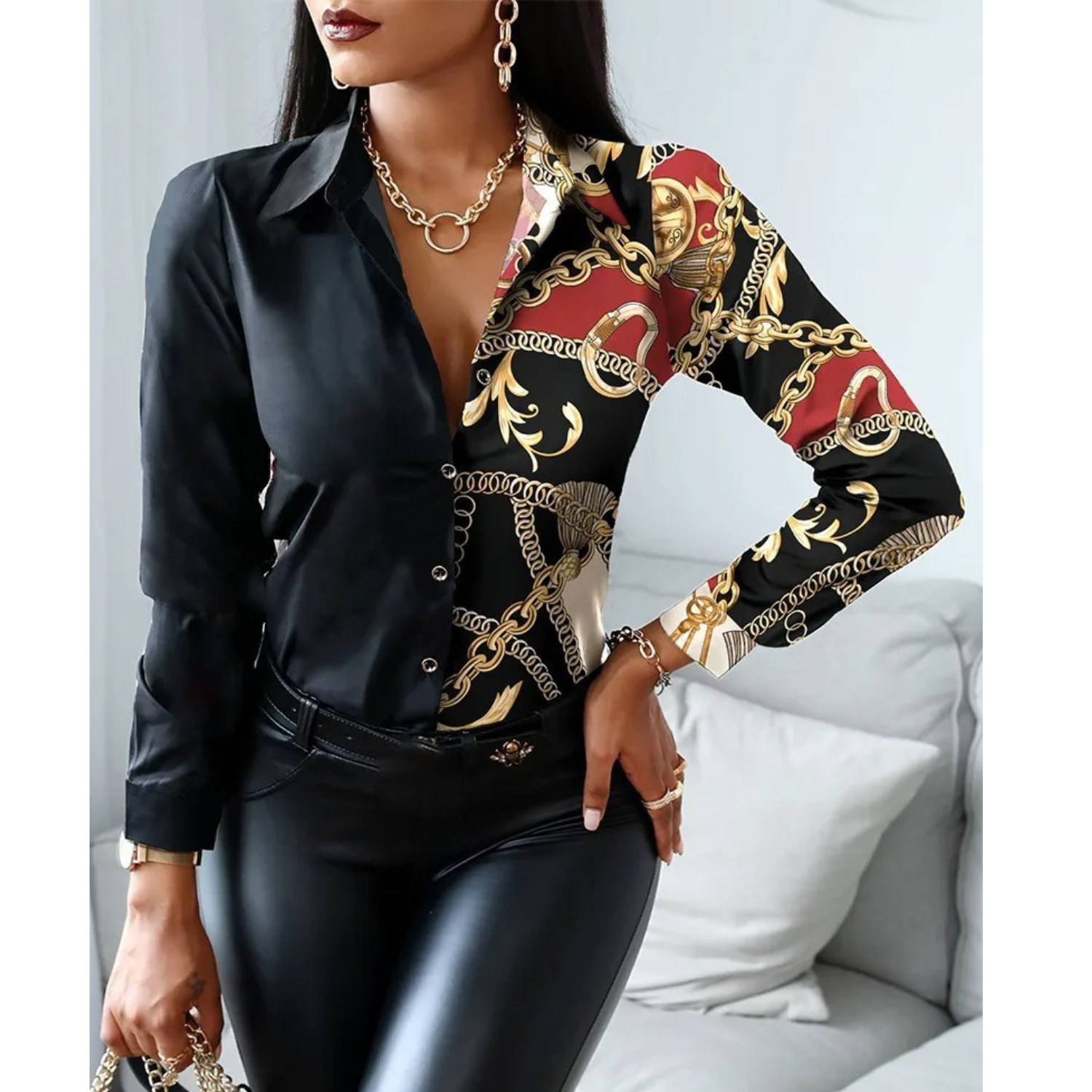 MODA patchwork med krave og leopard print dame bluse