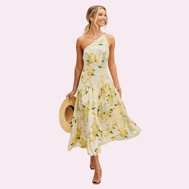 Isabella - Asymmetrisk midikjole med blomsterprint og etager