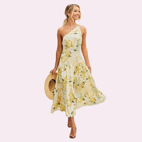 Isabella - Asymmetrisk midikjole med blomsterprint og etager