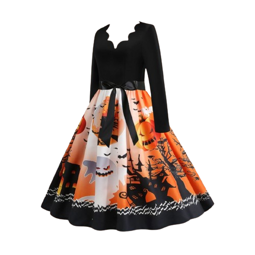 Marcella - Halloween kjole med hel nederdel og silhuet print