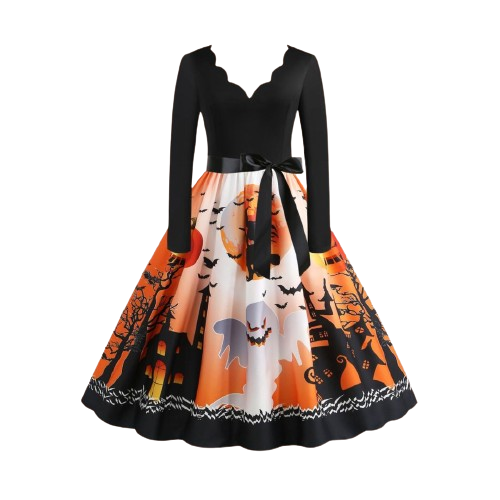 Marcella - Halloween kjole med hel nederdel og silhuet print