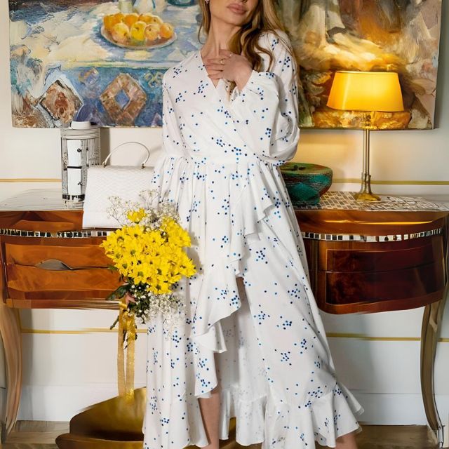 Angelica - slå-om maxikjole med nederdel og print