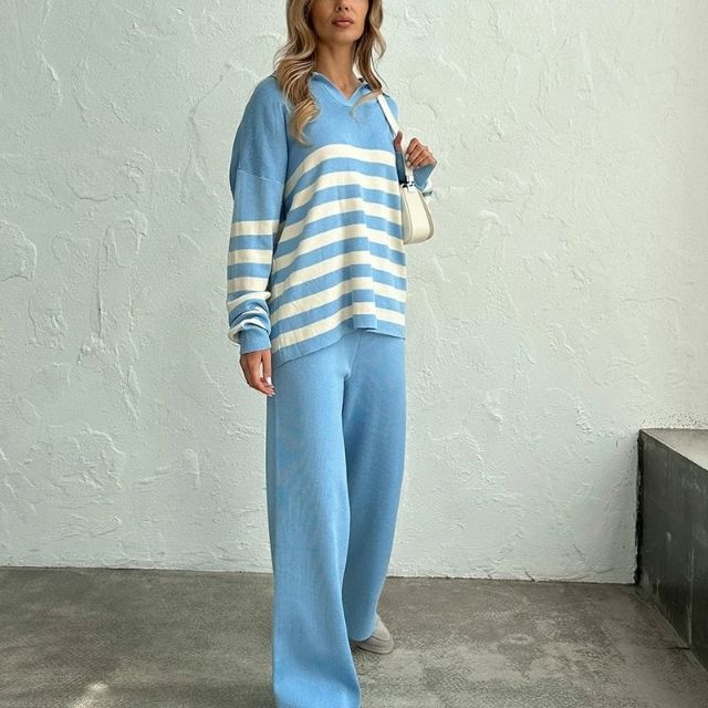 Genevieve - Stribet sweater og buksesæt med brede ben