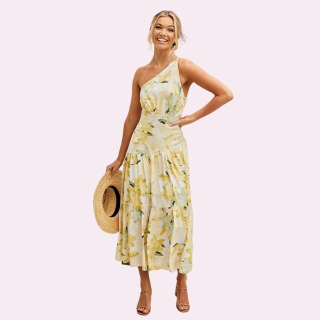 Isabella - Asymmetrisk midikjole med blomsterprint og etager