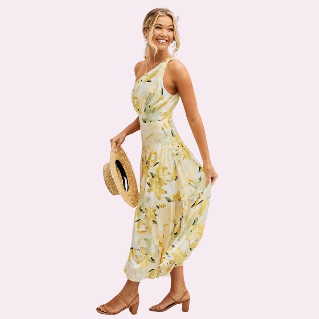 Isabella - Asymmetrisk midikjole med blomsterprint og etager