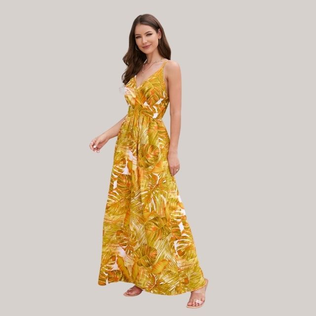 Liliana - maxi-kjole med bladtryk med slå-om-design