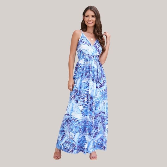 Liliana - maxi-kjole med bladtryk med slå-om-design