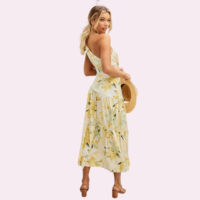 Isabella - Asymmetrisk midikjole med blomsterprint og etager