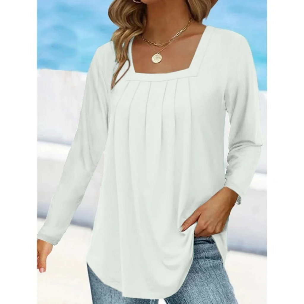 MODA sort plisseret dame langærmet t shirt med firkantet hals