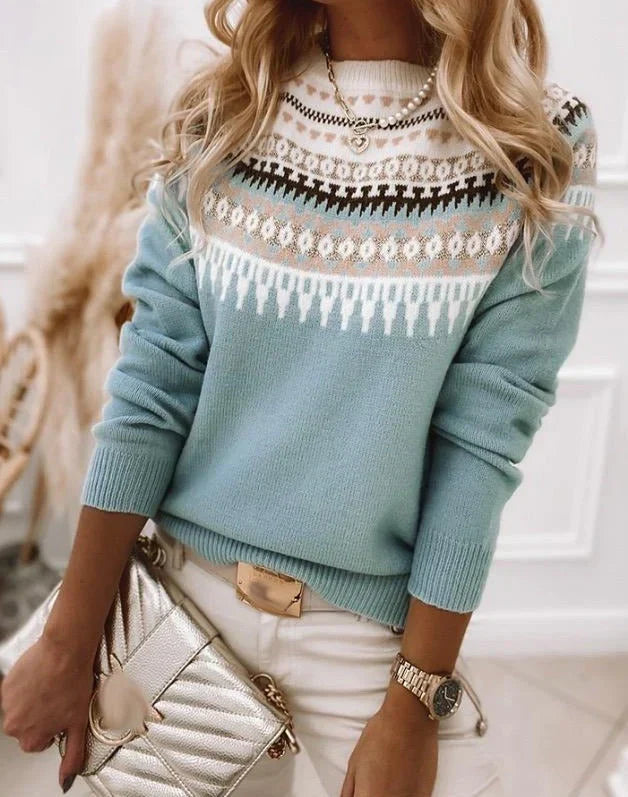 Dame Striktrøje - Fair Isle Mønster - Rund Hals - Blød og Varm