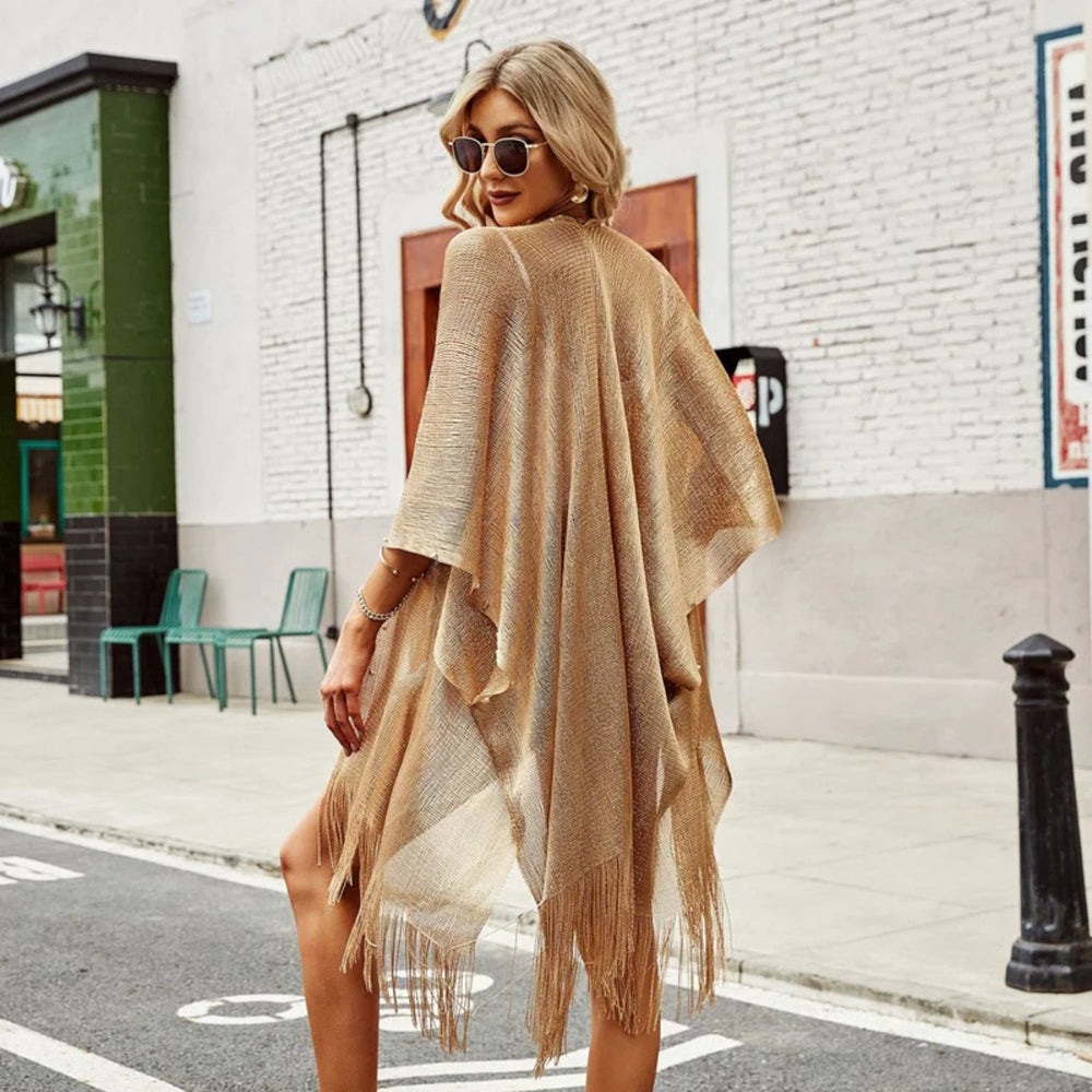 MODA komfortabel kimono med guldkvast og v-hals