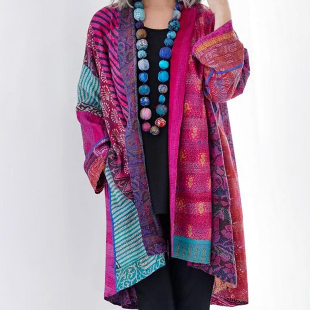 Dame Lang Kimono - Patchwork Design - Boheme Stil - Let og Luftig - Åben Front