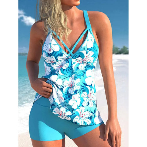 MODA blå naturlig tankini med botanisk mønster